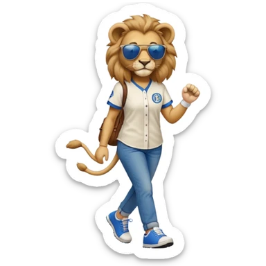 confident anthropomorphised female lion wearing a baseball shirt, jeans, trainers, dark sunglasses, walking upright, looking self-assured sticker