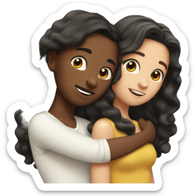 Two white best friends hugging one with wavy black hair and the other with straight brown hair sticker
