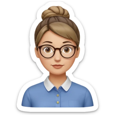 femme de 38 ans avec des cheveux blond foncé sans mèche devant, un chignon haut, yeux bruns, lunettes rondes, visage ovale sticker