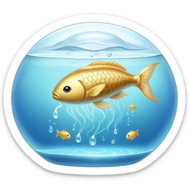 Golden capsule floating in a soft blue liquid current, with a translucent fish swimming around a luminous suspended brain. Small waves of light emanating from the brain as if expanding calm, focus and mental fluidity. Ethereal appearance with flowing elements. sticker