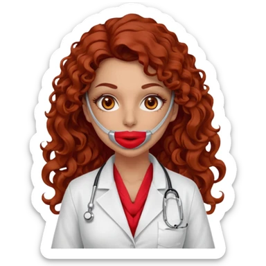 Sensual Spanish Lilith core evil surgeon.red outfit.  Surgeon has hazel eyes. Her hair is BROWN. Hair is also  long and  curly. wearing a sexy surgeon outfit with platform  heels.she is a calculated smart killer. She covers only her mouth and nose with silk scarf to hide identity  sticker