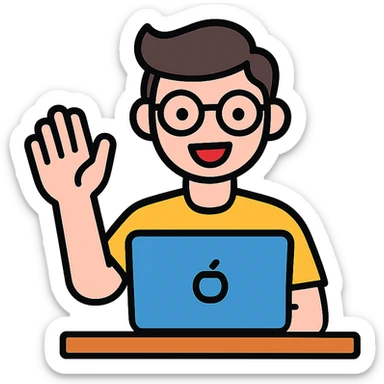 a friendly young coder at a desk with a MacBook, waving hello with a big smile, clean vector illustration sticker