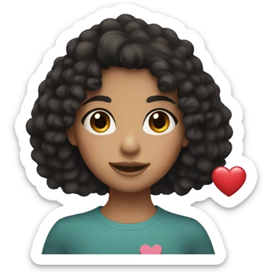 A girl with black curly hair, freckles, tan skin, holding a heart  sticker