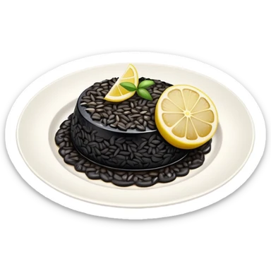 cinematic-realistic-black-risotto-dish,-showcasing-dramatic-lighting in a white plate with a single slice of grilled lemon on top sticker