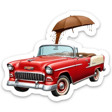 1955 Chevrolet Bel Air Convertible, Red-White color, with a bucket of brown mud pouring down on it, and the car itself is covered in brown mud on all sides, the doors, bumper, hood and wheels are covered in brown mud. 32x32 pixels, aspect ratio: 1:1 sticker