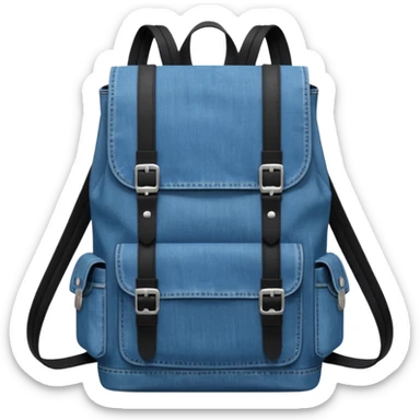 Minimalist emoji-style icon of a stylish blue denim backpack with a flap top, two vertical black buckle straps,and two zipper side pockets. Inspired by Tommy Jeans design. 

 sticker