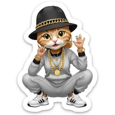 female cat wearing Run DMC hip-hop outfit with tracksuit, fedora, Adidas sneakers, many gold chains, rings, bracelets, flashy earrings, laughing and looking up, no sunglasses sticker