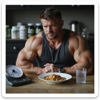 realistic muscular bodybuilder man in gym clothes sitting at a table with a kitchen scale and a small plate with minimal food portions. Next to the plate, a phone app with visible text 'Dieta ipocalorica'. Serious expression, looking at the plate. Background with supplements and water. sticker