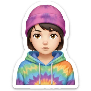 very short haired brunette girl with an Ohio beanie on and a tiedye hoodie sticker