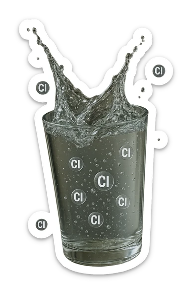 un bicchiere di acqua cade verticalmente dall'alto realistico e dettagliato, dentro l'acqua del bicchiere ci sono particelle di cloro ben visibili con la scritta "Cl" sopra, ci sono particelle anche che escono dal bicchiere e fluttuano in aria verticalmente, mentre alcune sono all'interno dell'acqua nel bicchiere, iperrealistico 4k sticker