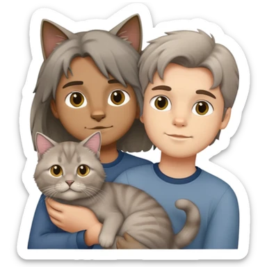 boy holding a grey longhair cat and a British longhair golden cat sticker