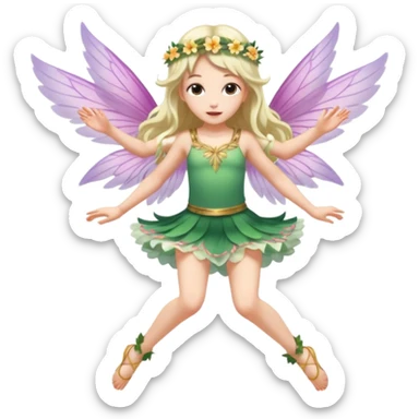 A winged flower fairy white skin girl, wearing a short skirt, one leg straight and the other bent, her body tilted, in a flying pose. sticker