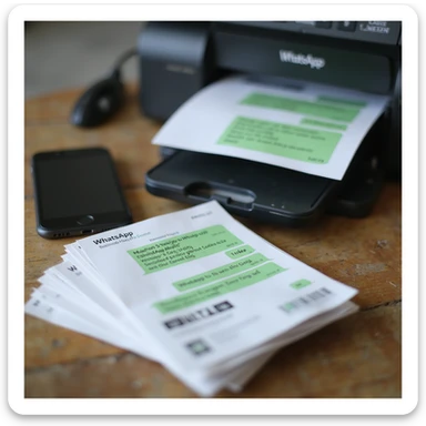 realistic thumbnail for a WhatsApp print out service, with a stack of printed WhatsApp chat messages fanned out next to a smartphone, and a printer in the background sticker