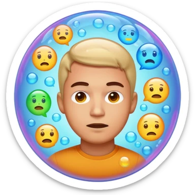 Realistic emoji-style man trapped inside a glowing filter bubble. The bubble contains identical social media icons and repeating content symbols. Outside the bubble are colorful diverse icons he cannot see. The man looks comfortable but unaware, expressing narrow perspective. sticker