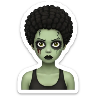 a female zombie with sage green skin, black afro hair, eyelashes and a black tank top sticker