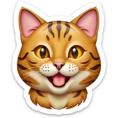 Cinematic Cute Bengal Cat Portrait Emoji, Head tilted playfully and yawning, sleek spotted brown and gold tones, Simplified yet adorable features, highly detailed, glowing with a warm, friendly glow, high shine, curious and affectionate, stylized with a touch of whimsy, bright and alert, soft glowing outline, capturing the essence of a mischievous yet loving kitten, so endearing it feels like it could leap out of the screen and stretch! sticker