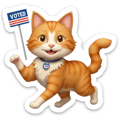 happy cat running for president with an "i voted" sticker sticker