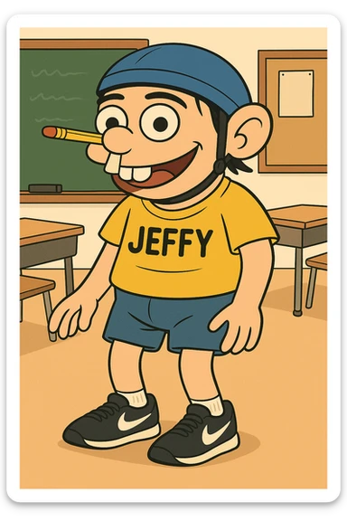 Add a playful classroom background with a chalkboard and desks, keeping the cartoon style consistent with flat toon style. sticker