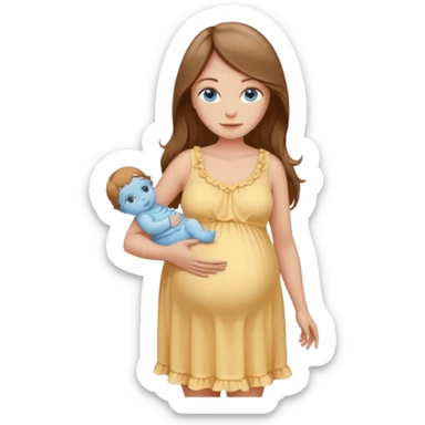 Beautiful Woman with Blue eyes, and long flowing almond brown hair and a light peachy tan skin tone, standing in a relaxed pose touching her visible baby bump in a frilly buttercream yellow colored babydoll sundress  sticker