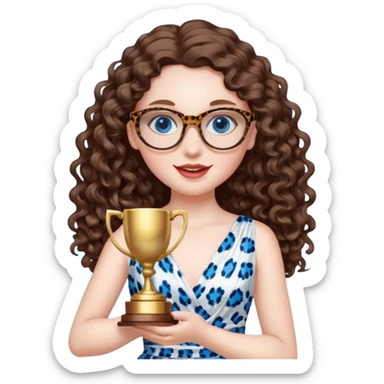 A girl with white pale skin, full lips, brunette LONG curly hair. She is wearing a white  silk dress. She is holding an award and happy. She has a leopard print round-ish shaped glasses. She has blue eyes. sticker
