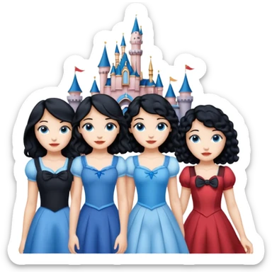 escribe el nombre Disneyland Paris y para titulo, pon a quatro chicas: una pelo corto negro, una pelo rizado largo, una pelo largo liso y la otra pelo ondulado mediano, esta con el ojos azules. Todas tienen piel carne y pon las chicas por los sitios después del nombre sticker