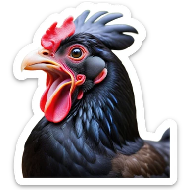 Cinematic Cute Yawning Black Chicken Portrait Emoji, Head tilted slightly with a dramatic, wide-open yawn, showcasing a soft, glossy black plumage with subtle hints of iridescence and a distinctive red comb, floppy wings slightly drooping, round beady eyes barely open in drowsy contentment, Simplified yet irresistibly adorable features, highly detailed, glowing with a soft, cozy glow, high shine, relaxed yet expressive, stylized with a touch of whimsy, bright and endearing, soft glowing outline, capturing the essence of a sleepy yet affectionate chicken, so drowsy it feels like it could stretch out of the screen and curl up for a nap! sticker