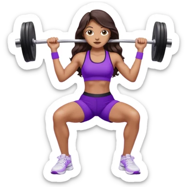 mujer de tez trigueña, con cabello castaño oscuro ondulado no muy marcado, hasta la cadera super largo estilizado, con ropa deportiva morada/lila, tenis blancos deportivos y levantando una pesa sticker