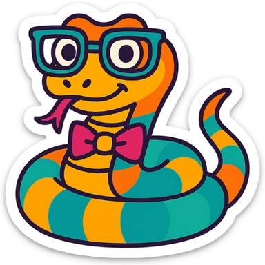 Add a colorful bow tie to the snake with thick glasses, keep the background transparent. sticker