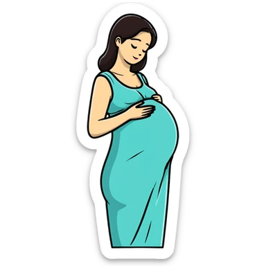 happy pregnant woman in second trimester, showing baby bump sticker