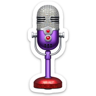 Create a glamorous and vibrant emoji representing stage vocal performance. The design should feature a humanless collage of classic vintage microphone, stage costume covered in rhinestones, large scene speakers, scene lights. The costume should be stylized, with glittering elements like sequins and sparkles, and reflect the glitzy, extravagant nature of show business. The microphone should have a sleek, retro look with chrome or metallic accents. Use rich, dazzling colors like gold, silver, deep purple, and bright red to evoke the glamorous, larger-than-life feel of a stage performance. The background should be transparent. sticker
