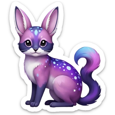 Colorful black-violet-indigo-purple-pink-gradients nebulae nebula white stars-sparkles-markings galactical shiny white-stars-spotted glorious iridescent divine exotic cute cool beautiful realistic Meloetta-caracal-civet-sergal-bunny-oncilla-animal-Fakémon-hybrid-fursona (full body) sticker