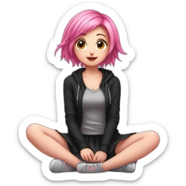 Full body Front view curvy emo girl pink hair sits on the floor straight view hands up black skirt полосатые рваные чулки sticker