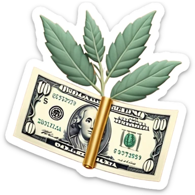 Una miniatura fotorrealista de un billete de cien dólares enrollado elegantemente con un hilo de oro brillante y un pequeño acento de hoja de salvia. Fondo terracota. Estilo: lujo financiero y orgánico sticker