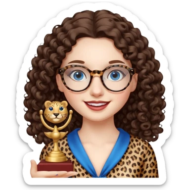 A girl with white pale skin, blue eyes, full lips, brunette LONG curly hair. She has a leopard print round-ish shaped glasses. She is wearing a white plain silk dress. She is holding an award and happy sticker