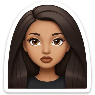 light brown skin tone, very beautiful woman, with big plump lips, long long lashes, black straight long hair, middle hair parting, brown eyes, black dress, sticker