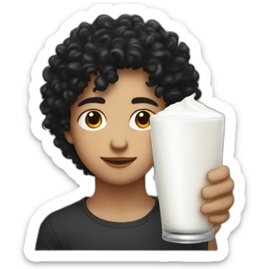 A sideportrait from the shoulders up of a pasty white teenage boy with dark black curly hair and a distinct noseholding a chalice of milk sticker