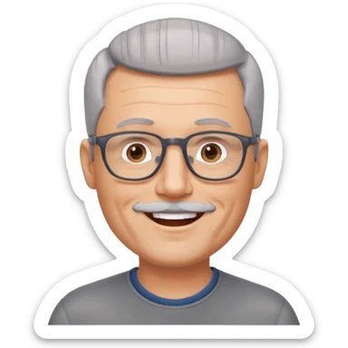 54 year old man, short shaved grey hair, full short, shaved beard stubble, glasses sticker