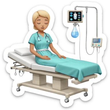 A patient lying on a medical examination bed with eyes closed, seen in a wider, full-body view, preparing to undergo a colonoscopy procedure in a clean hospital environment. sticker