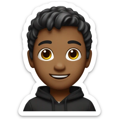 A 3D Memoji of a boy with a friendly expression, wearing a black hoodie and waving while saying "hi". The Memoji should have vibrant and expressive facial features with realistic textures. sticker