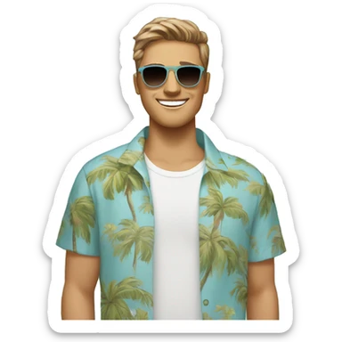 Smiling man, lightly tan white skin, black eyebrows, oblong face shape, light brown messy bowl haircut, wayfarer sunglasses, light blue hawaiian shirt with white palm tree pattern sticker