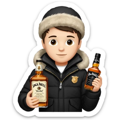 Junge mit Sturmhaube in der Rechten hand eine jacky flasche und schwarze winterjacke mit fell an der mütze 2 meter gross sticker