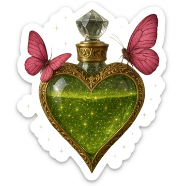 Create a realistic, luxurious 3D crystal heart-shaped bottle with a sharp heart point, filled with #c0ff53 green glitter liquid. Add subtle, elegant golden filigree and decorative details around the edges and neck of the bottle. Include two pink butterflies in the same composition as the reference image, magical sparkling dust, and a crystal neck. The style must be photorealistic and impressive, avoiding pixel art or cartoon styles. Keep the background fully transparent (PNG). sticker