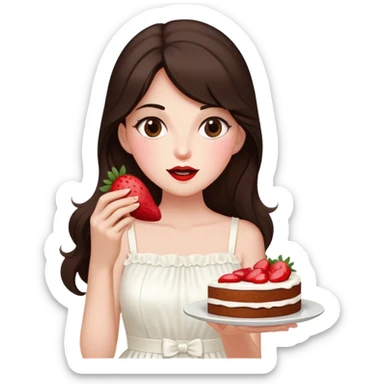 Beautiful woman in 1965’s woman fashion look, white dress, long dark brown hair, strawberry cake sticker