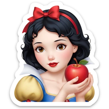 Cinematic Realistic Snow White Portrait, depicted with lifelike skin texture, soft natural lighting, and intricately detailed black hair styled with a red ribbon. Her soft brown eyes radiate innocence and kindness, complemented by a warm, gentle smile. She holds an apple in one hand, her other hand resting against her cheek, embodying her purity and charm. She is dressed in her classic yellow, blue, and red gown, the fabric rich in texture with delicate folds that catch the light beautifully. The portrait features a soft, natural glow with a radiant finish, capturing the essence of timeless beauty in a realistic and painterly style. sticker