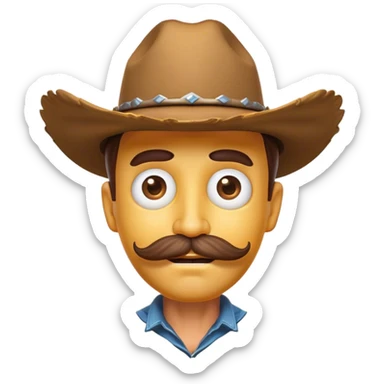 Clash of Clans aesthetic Comical Cowboy Portrait Emoji, Head tilted dramatically with an exaggerated, fun expression and wide, comically expressive eyes, featuring a rugged yet cartoonish build with a playful cowboy hat and quirky mustache, his natural skin tone evident, Simplified yet hilariously expressive features, highly detailed, glowing with a slightly sassy western glow, high shine, dramatic yet playful, stylized with an air of cheeky frontier mischief, soft glowing outline, capturing the essence of a meme-worthy cowboy bringing humor to epic quests! sticker