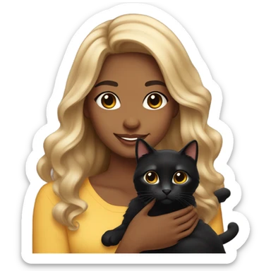 
"Young woman with medium brown skin tone, long wavy hair, big sparkling eyes, a radiant smile, wearing a stylish outfit, holding a cute black cat, and looking very beautiful and adorable." sticker