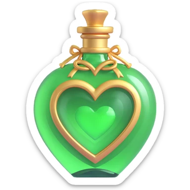magical heart-shaped bottle, main color #c0ff53 green, with golden details and ornaments, very decorative, 3D effect, stylish and luxurious sticker