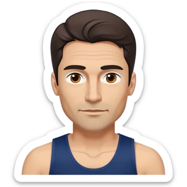 Youthful-looking athletic 40-year-old man with light brown skin, elongated face, defined jawline, attractive features, medium dark eyes, arched eyebrows, straight nose, confident expression, medium wavy dark hair with modern style, wearing a navy blue tank top sticker