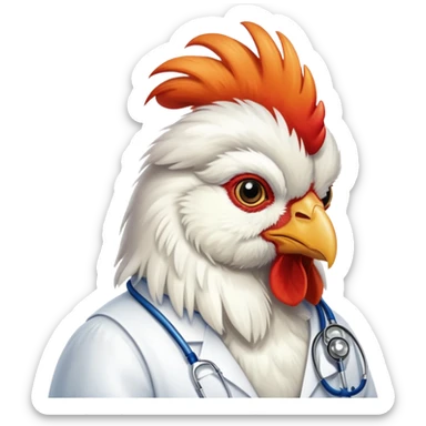 A White Silkie Bantam rooster has very fluffy plumage on its head and is wearing a doctor's stethoscope.  sticker