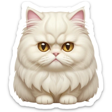 Cinematic Grumpy White Persian Cat Portrait Emoji, Head tilted playfully with a hint of sass, fluffy white fur with subtle hints of cream and golden tones, Simplified yet hilariously chubby features, highly detailed, glowing with a warm but undeniably grumpy glow, high shine, a mix of lazy and uninterested, stylized with a touch of whimsy, bright but with an expression of sheer disdain, soft glowing outline, capturing the essence of a mischievous yet chubby, grumpy kitty, so endearing it feels like it could stretch out of the screen and sarcastically demand attention with its iconic, grumpy charm! sticker
